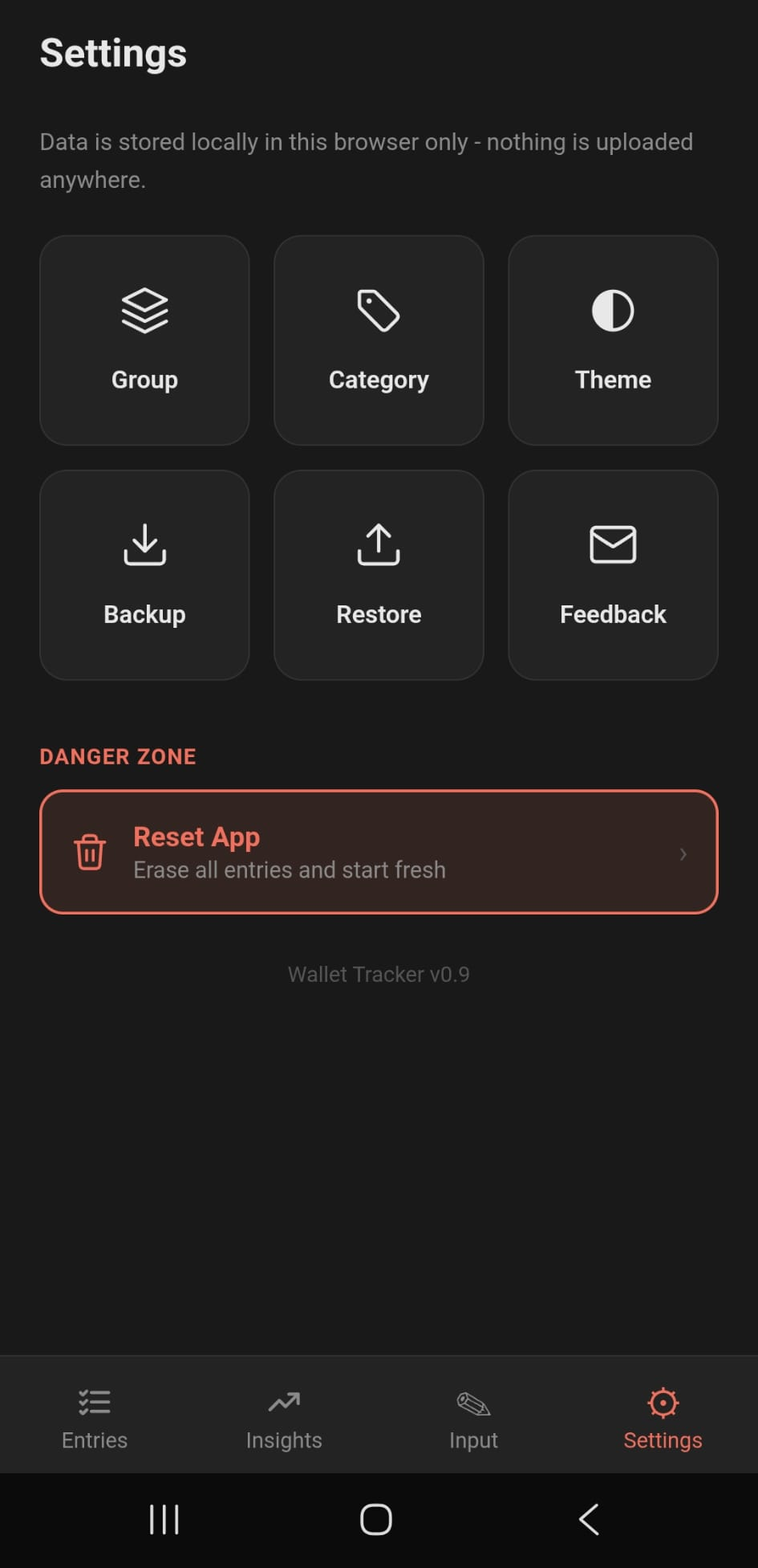 Settings screen showing local-only storage